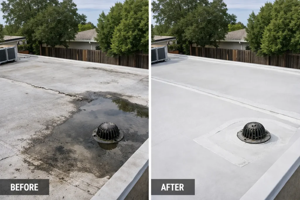 Before and after photo of flat roof repair project in Roseville, CA