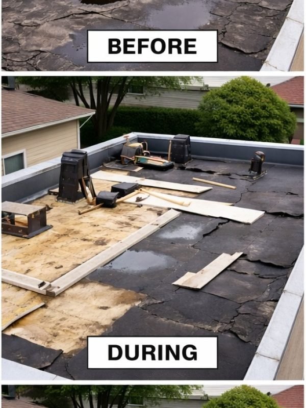 Step-by-step flat roof replacement process showing before, during, and after stages.